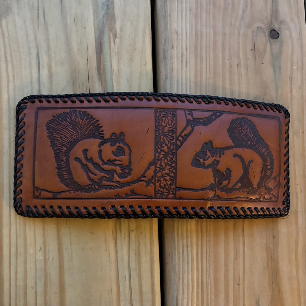 Vintage Squirrel Leather Wallet Hand Tooled Handmade Whipstitch Bi Fold USA Made